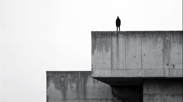 Man on modern building edge in monochrome, space for text