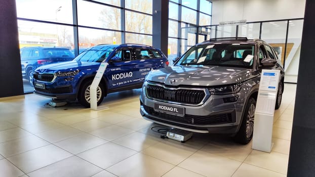 Kazan, Russia - April 04, 2023: Cars in showroom of dealership Skoda. Re-export to Russia