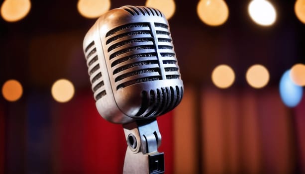 A vintage chrome microphone, reminiscent of classic musical eras, is centered on stage with a blurred background. The mic evokes retro vibes, highlighting its importance in live performances and entertainment.