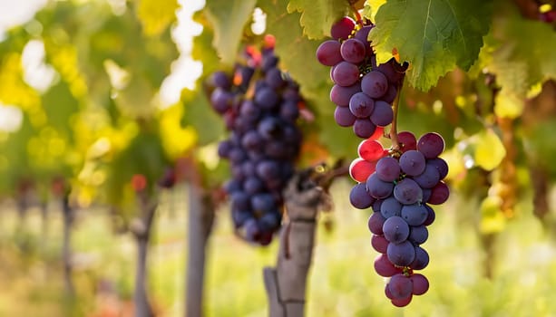 A lush grapevine with ripe, purple grapes hanging in the sunlight. The vineyard's green leaves frame the clusters, representing a bountiful harvest season.