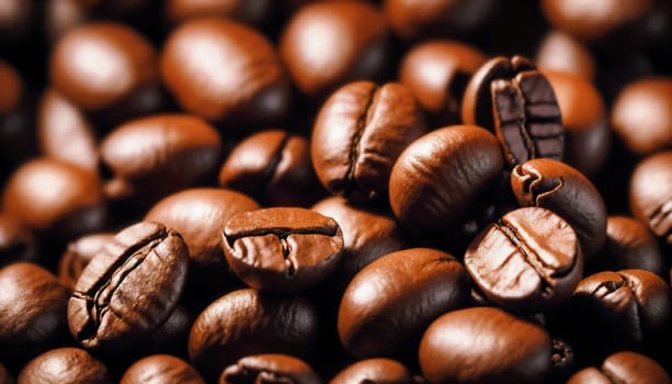 A heap of brown, roasted coffee beans fills the frame, showcasing their detailed texture and rich color. These beans evoke the typical aroma and flavor of coffee.