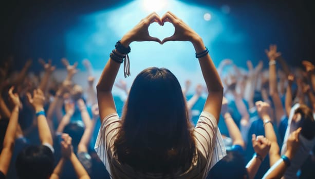 A woman is making a heart shape with her hands at a concert with a crowd of people in the background. The atmosphere is energetic and celebratory, highlighting the joy and unity experienced in live music events.