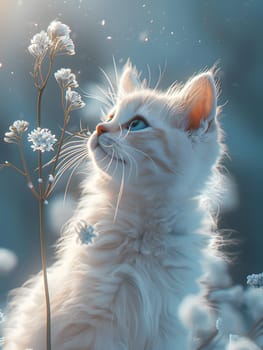 A Felidae organism, the small to mediumsized cat with fluffy white fur and whiskers, is gazing up at a plant with electric blue flowers