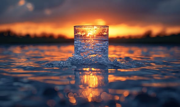 A glass of water with the setting sun in the background.