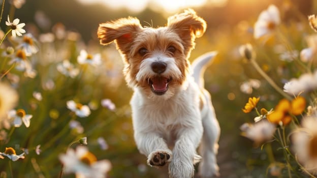 Summer background, A beautiful dog running in flower field in a sunny dreamy day.