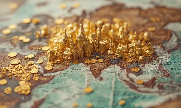 Close-up view of gold coins placed strategically on a map.