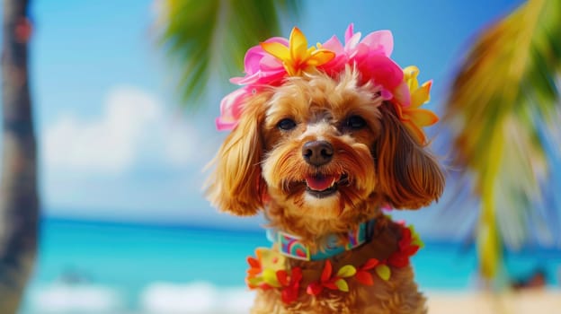 Summer background, Dog with hawaiian costume tropical palm and beach background, Generative AI.