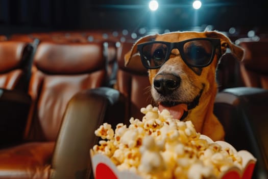 A dog is eating popcorn and watching a movie in the cinema, Banner with dog in cinema.