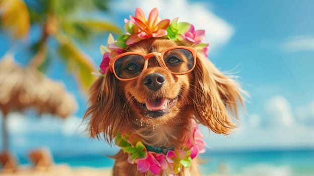 Summer background, Dog with hawaiian costume tropical palm and beach background, Generative AI.