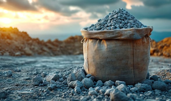 A bag of gravel placed on top of a barren dirt field.