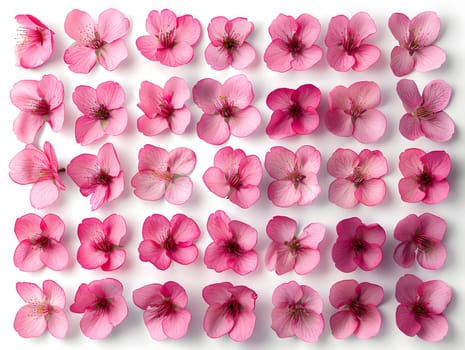 A beautiful display of various shades of pink flowers, including magenta, peach, and violet petals, creating a symmetrical pattern on a crisp white background