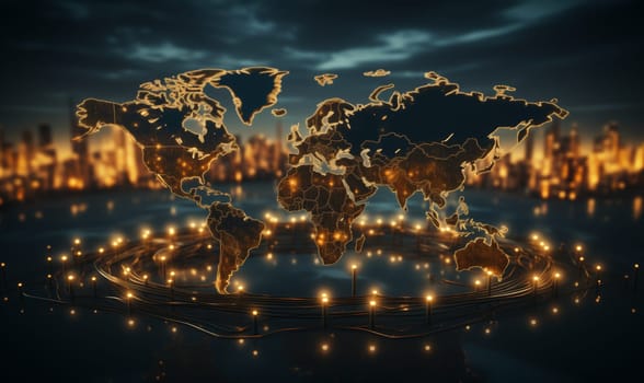 Illuminated world map against city skyline.