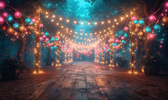 A walkway brightly lit with lights stretching into the night.