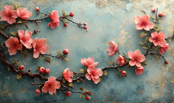A painting featuring pink flowers against a vibrant blue backdrop.