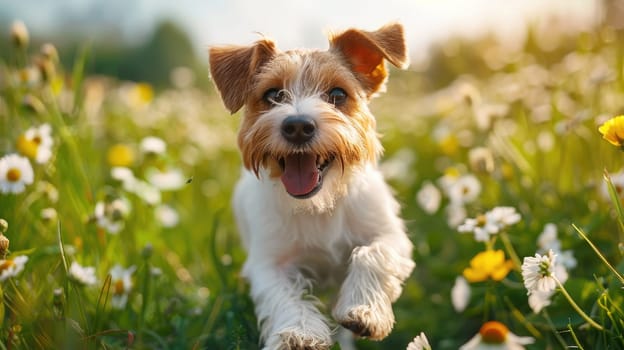 Summer background, A beautiful dog running in flower field in a sunny dreamy day.