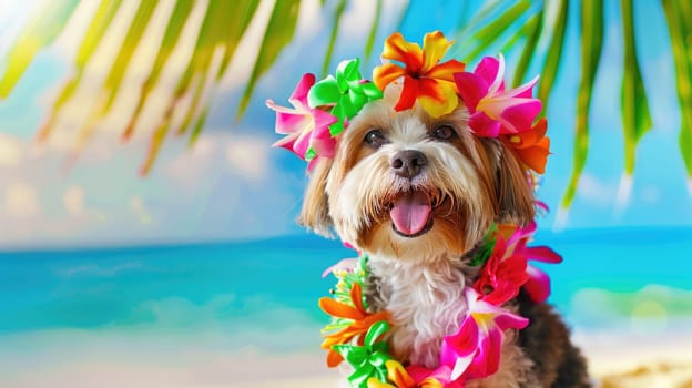 Summer background, Dog with hawaiian costume tropical palm and beach background, Generative AI.