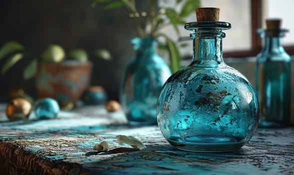A blue glass bottle resting on top of a wooden table.