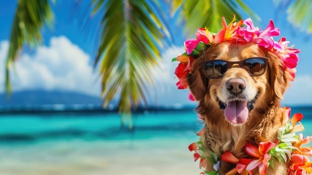 Summer background, Dog with hawaiian costume tropical palm and beach background, Generative AI.