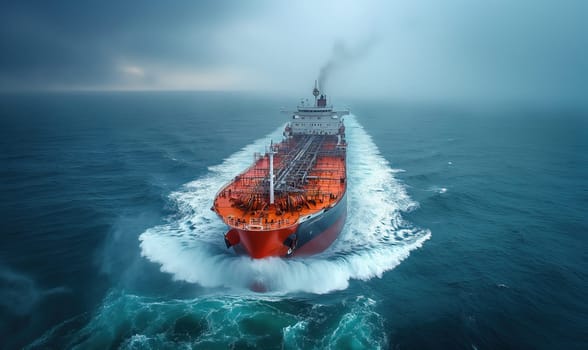 A massive orange ship navigates the vast expanse of the ocean.