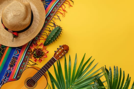 A festive display for Cinco de Mayo featuring a traditional Mexican serape, a sombrero, a guitar, cacti, a flower, and palm leaves.