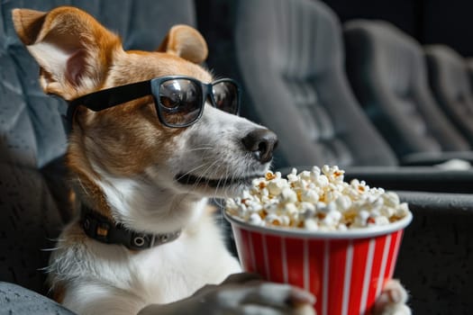 A dog is eating popcorn and watching a movie in the cinema, Banner with dog in cinema.