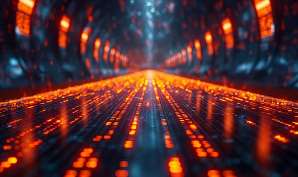 Abstract tunnel with bright lights stretching into the distance.