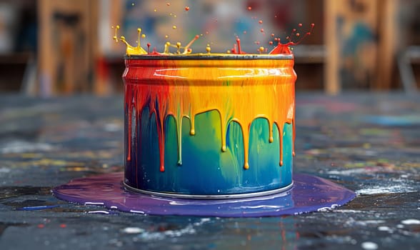 A vibrant paint can sits on the ground in a colorful display.
