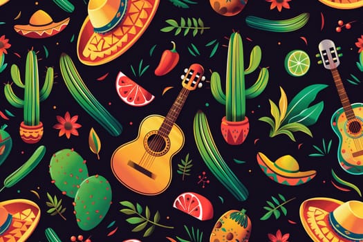 A guitar, cactus, and sombrero arranged on a black background, symbolizing Cinco de Mayo celebrations.