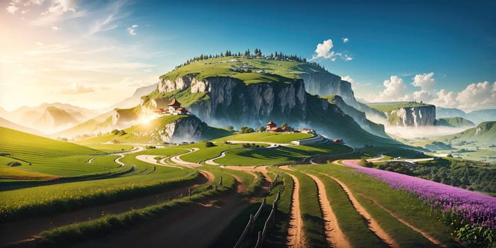 A painting depicting a mountain with a road passing through it.