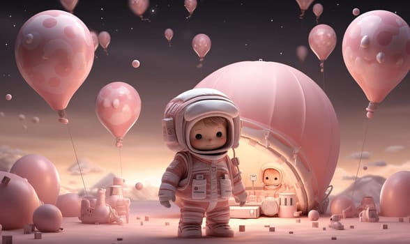 Astronaut standing surrounded by balloons.