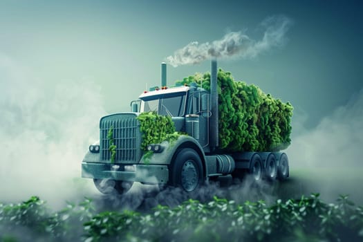 A large green semi-truck carries a load of dense foliage, suggesting an eco-friendly transport theme amidst a misty backdrop.