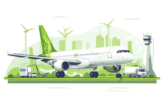 A modern airplane is parked at an eco-conscious airport with wind turbines and greenery in the backdrop, symbolizing sustainable aviation.