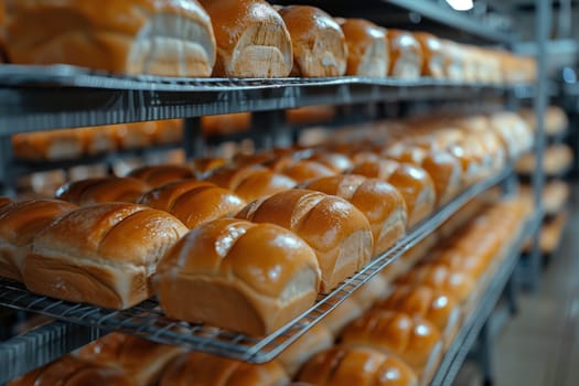 Several bread loaves neatly arranged in a row on a metal shelf.