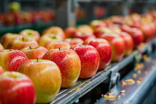A row of bright red and yellow apples moving along a conveyor belt in a factory or orchard setting.