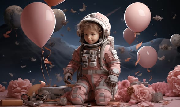 Child wearing a space suit exploring surrounded by colorful balloons.