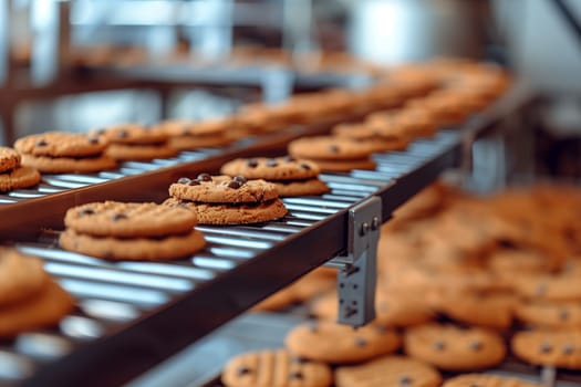 A conveyor belt moving rows of freshly baked cookies with precision and efficiency in a food production facility.