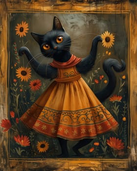 Painting of a black cat confidently posing in a charming dress.