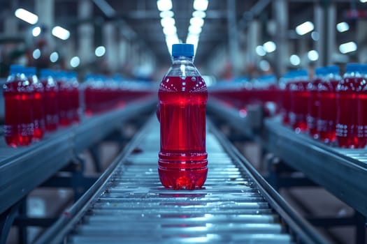A plastic bottle filled with water is seen moving along a conveyor belt in a factory setting.