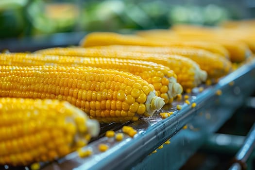 A row of freshly harvested corn on the cob steadily moving on a conveyor belt in a processing plant.
