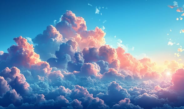 Blue sky with numerous clouds scattered throughout.