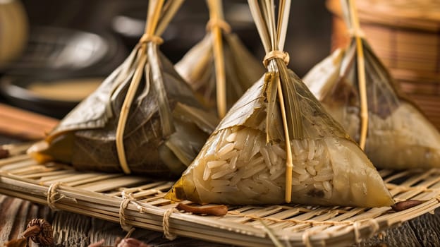 A close-up view of freshly made Zongzi, sticky rice dumplings with fillings, wrapped in bamboo leaves, tied with strings, symbolizing the Chinese Duan Wu Jie.