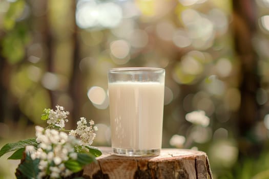 A glass of milk sits stably on top of a tree stump, showcasing a unique juxtaposition of nature and a man-made object.