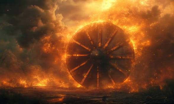 A large wheel engulfed in towering flames in a fiery inferno.