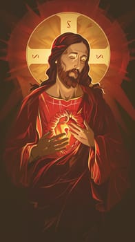 Jesus, depicted with long hair and a white robe, is holding a heart in his hands, symbolizing love and compassion.