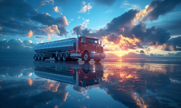 Tanker truck parked on sandy beach as sun sets over horizon.