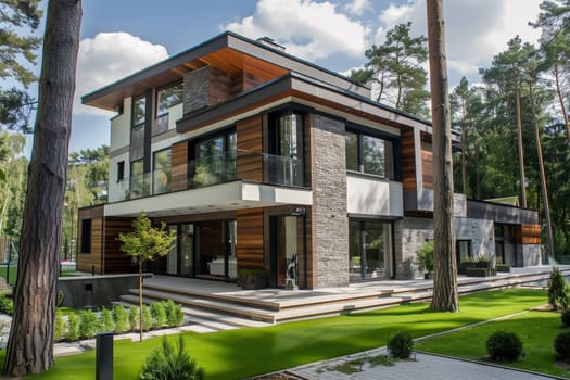 A modern house stands surrounded by dense forest, blending nature with contemporary architecture.