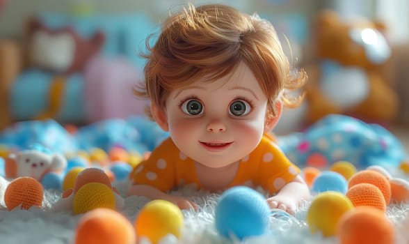 Close up of an infant lying on a colorful bed of plastic balls.