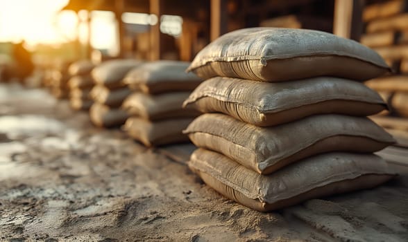 Piled sandbags on textured sand surface