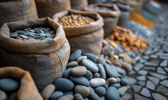 Multiple bags holding various rocks.
