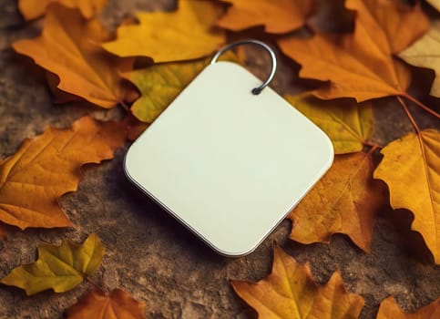White tag resting on top of a scattered pile of autumn leaves.